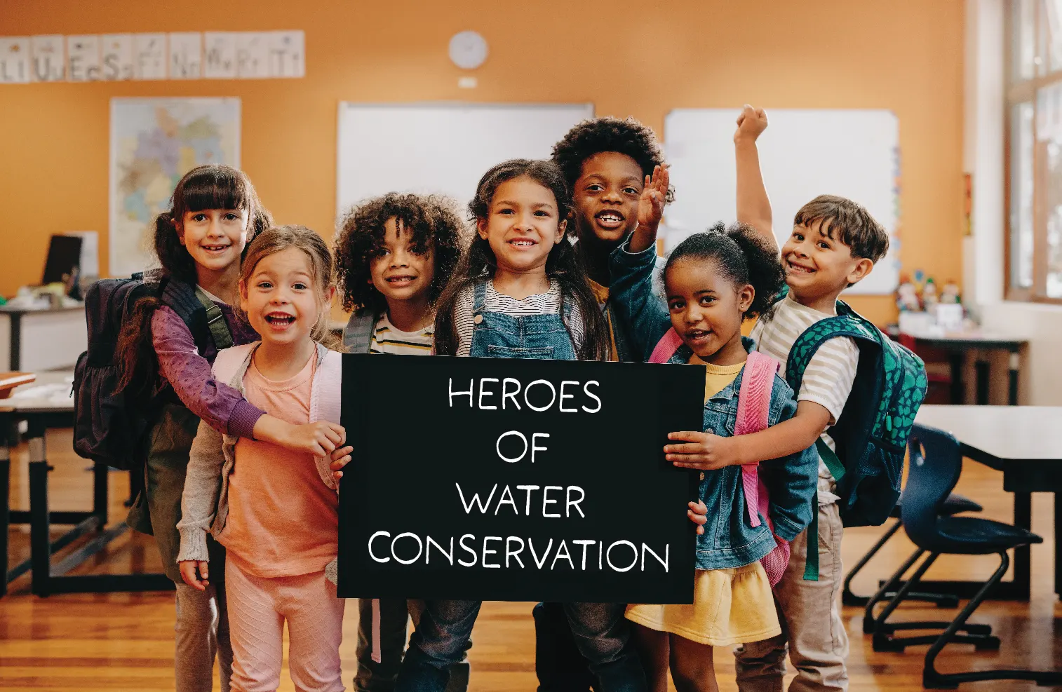 A diverse group of smiling children in a primary school classroom hold a sign reading "Heroes of Water Conservation.