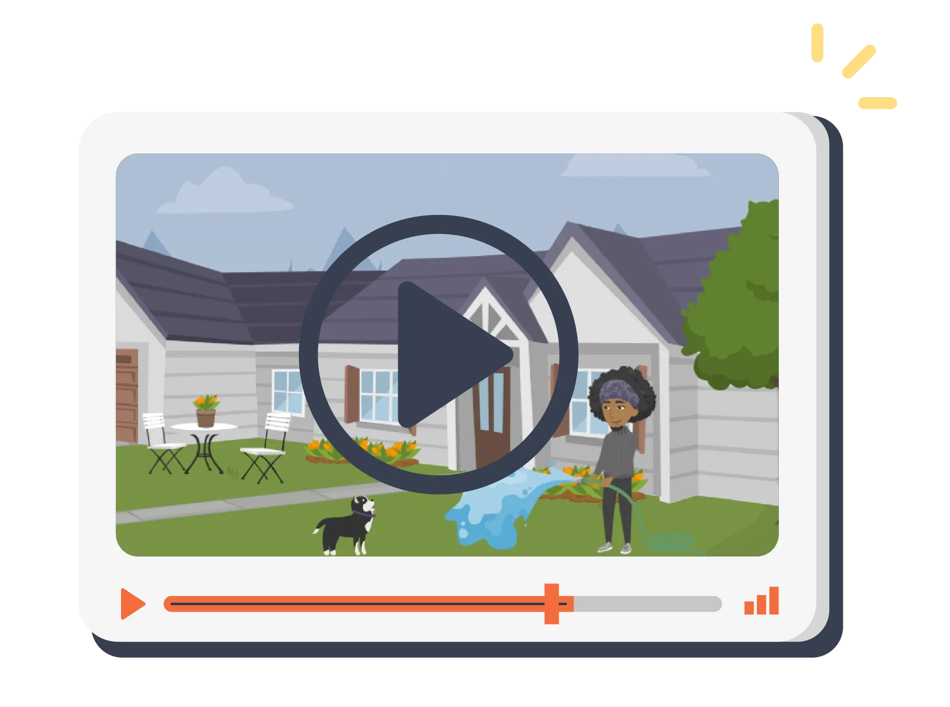 Illustration of a video player showing a K-6th student watering plants in front of a house, while a dog stands nearby.