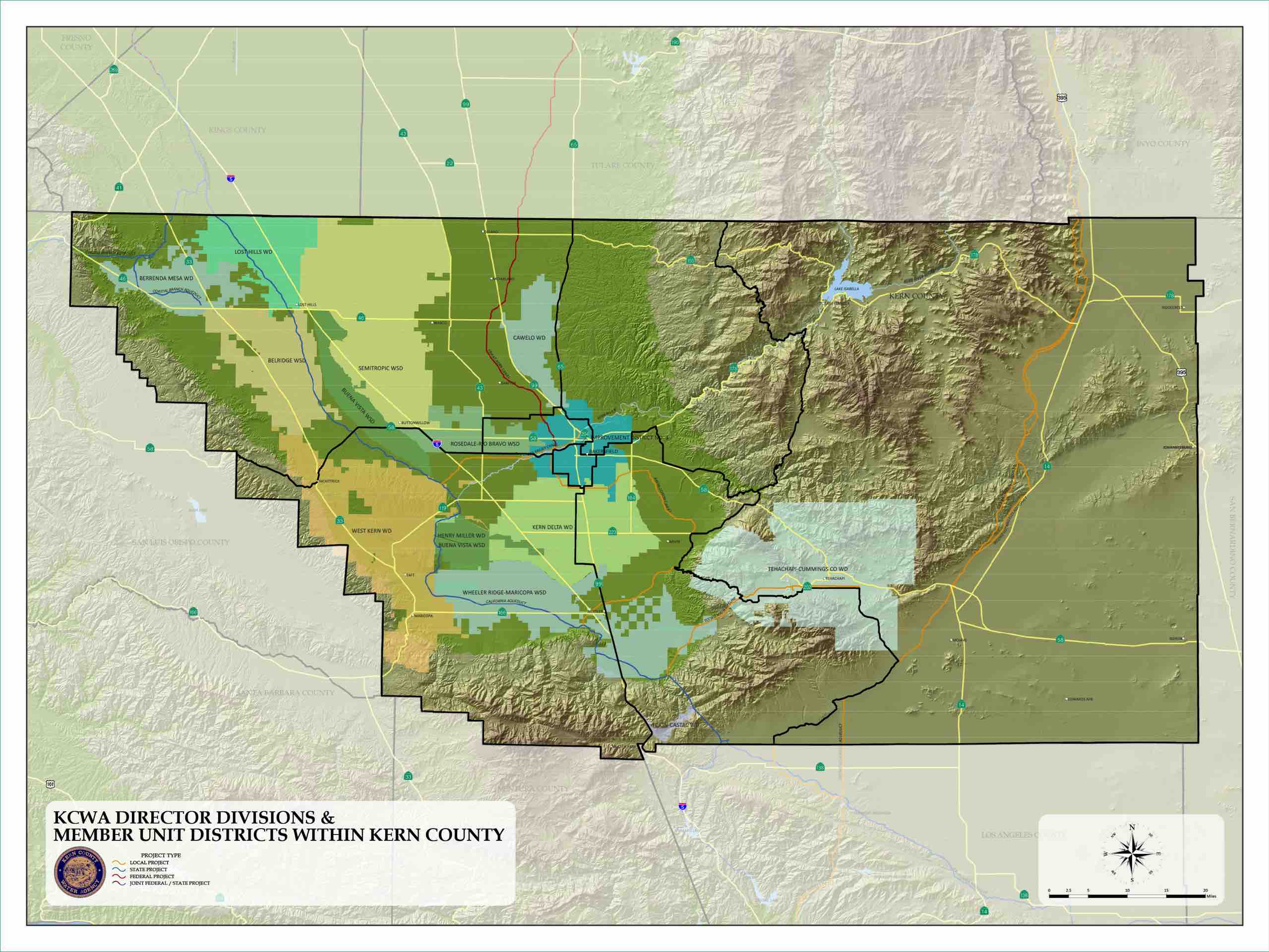 Map showing KCWA director divisions and member unit districts within Kern County, featuring various colored sections, roads, and topographical details.